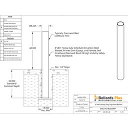 Heavy Duty Inground Bollard - 8"x84", Safety Yellow, Drawing