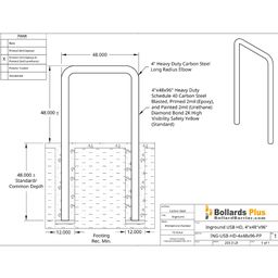 Heavy Duty U-Shaped Inground Bollard - 4"x48"x96", Safety Yellow, Drawing