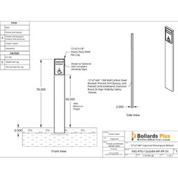 Drawing - Rectangular Inground Sign Bollard - 12"x2"x84", Safety Yellow