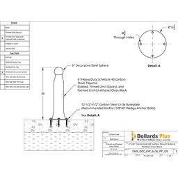Decorative Pawn Bolt-Down Bollard - 6"x36", Gloss Black,  Drawing