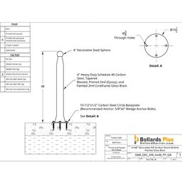Decorative Pawn Bolt-Down Bollard - 4"x48", Gloss Black, Drawing