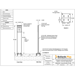 Drawing - Rectangular Bolt-Down Sign Bollard - 12"x2"x78", Metallic Silver