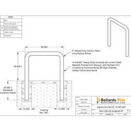 Heavy Duty U-Shaped Inground Bollard - 4"x48"x60", Safety Yellow, Drawing