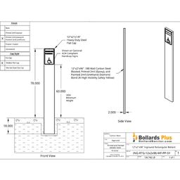 Rectangular Inground Sign Bollard - 12"x2"x96", Safety Yellow, Drawing