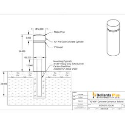 Cylindrical Concrete Bollard - 12"x36", Drawing