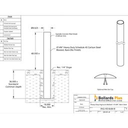 Heavy Duty Inground Bollard - 8"x84", Bare Steel Drawing