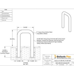 Heavy Duty U-Shaped Inground Bollard - 6"x36"x60", Safety Yellow, Drawing