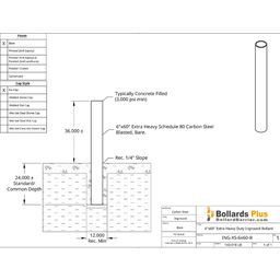 Extra Heavy Duty Inground Bollard - 6"x60" Bare Steel, Drawing