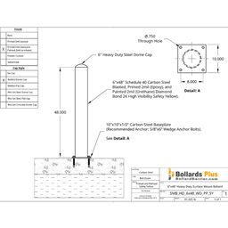 Heavy Duty Bolt-Down Bollard - 6"x48", Safety Yellow, Drawing