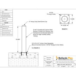 Heavy Duty Bolt-Down Bollard - 6"x42", Safety Yellow, Drawing