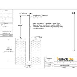 Heavy Duty Inground Bollard - 5"x96", Safety Yellow, Drawing