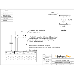 Drawing - Heavy Duty U-Shaped Bolt-Down Bollard - 4"x24"x36", Safety Yellow