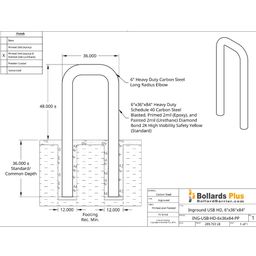 Heavy Duty U-Shaped Inground Bollard - 6"x36"x84", Safety Yellow, Drawing