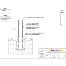8” Bollard Cover - Stainless Steel, 9”x38”, Drawing