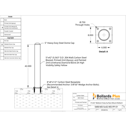 Drawing - Medium Duty Bolt-Down Bollard - 5"x42", Safety Yellow