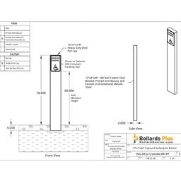Rectangular Inground Sign Bollard - 12"x4"x84", Metallic Silver, Drawing
