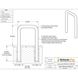 Heavy Duty U-Shaped Inground Bollard - 6"x48"x84", Safety Yellow, Drawing