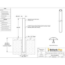 Heavy Duty Inground Bollard - 6"x84", Bare Steel Drawing