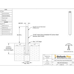 Heavy Duty Inground Bollard - 4"x60" Bare Steel, Drawing