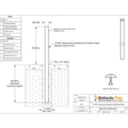 Heavy Duty Inground Bollard - 4"x96" Bare Steel, Drawing