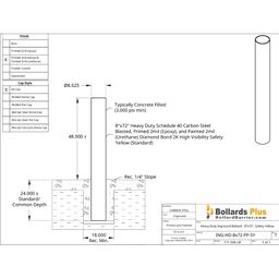 Drawing - Heavy Duty Inground Bollard - 8"x72", Safety Yellow
