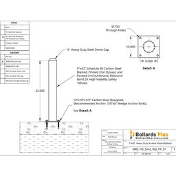 Heavy Duty Bolt-Down Bollard - 5"x42", Safety Yellow, Drawing