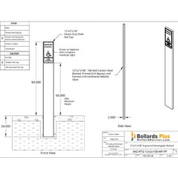 Drawing - Rectangular Inground Sign Bollard - 12"x2"x108", Metallic Silver