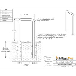 Heavy Duty U-Shaped Inground Bollard - 4"x36"x84", Safety Yellow, Drawing