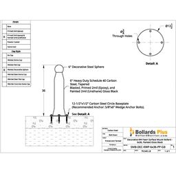 Drawing - Decorative KW Pawn Bolt-Down Bollard - 6"x36", Gloss Black