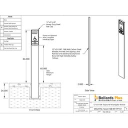 Rectangular Inground Sign Bollard - 12"x2"x108", Safety Yellow, Drawing