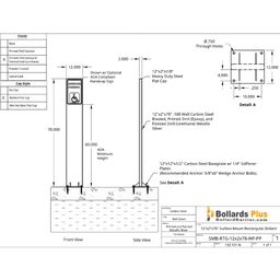 Rectangular Bolt-Down Sign Bollard - 12"x2"x78", Drawing