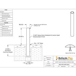 Heavy Duty Inground Bollard - 6"x60" Bare Steel, Drawing