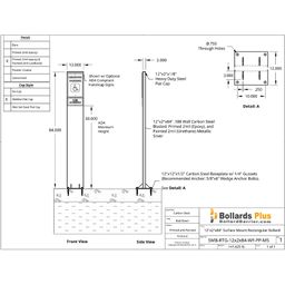 Drawing - Rectangular Bolt-Down Sign Bollard - 12"x2"x84", Metallic Silver