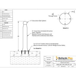 Bolt Down Decorative Pawn Bollard - 6"x48", Gloss Black, Drawing