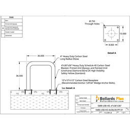 Drawing - Heavy Duty U-Shaped Bolt-Down Bollard - 4"x36"x36", Safety Yellow