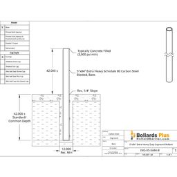 Extra Heavy Duty Inground Bollard - 5"x84" Bare Steel, Drawing