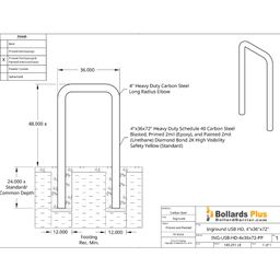 Heavy Duty Inground U-Shaped Bollard 4"x36"x72", Safety Yellow, Drawing