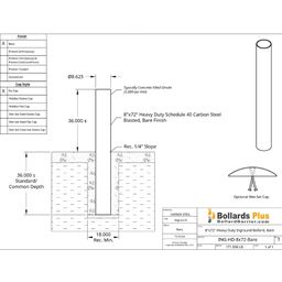 Heavy Duty Inground Bollard - 8"x72" Bare Steel, Drawing