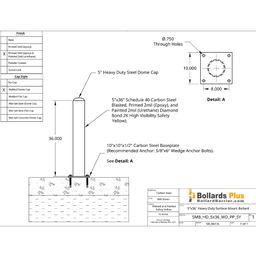 Heavy Duty Bolt-Down Bollard - 5"x36", Safety Yellow, Drawing