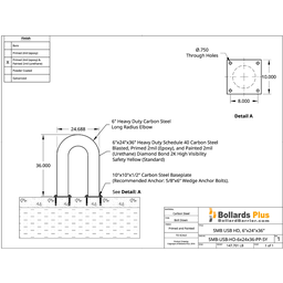 Drawing - Heavy Duty U-Shaped Bolt-Down Bollard - 6"x24"x36", Safety Yellow