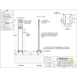 Drawing - Rectangular Bolt-Down Sign Bollard - 12"x2"x84", Metallic Silver