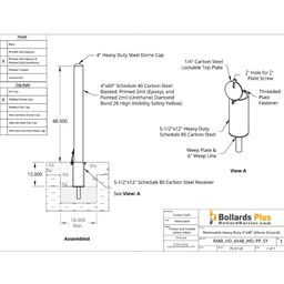 Drawing - Heavy Duty Removable Bollard - 4"x48", Safety Yellow
