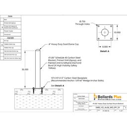 Heavy Duty Bolt-Down Bollard - 4"x36", Safety Yellow, Drawing