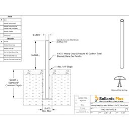 Heavy Duty Inground Bollard - 4"x72", Bare Steel Drawing