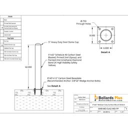 Medium Duty Bolt-Down Bollard - 5"x42", Drawing