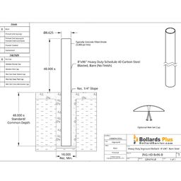 Heavy Duty Inground Bollard - 8"x96", Bare Steel Drawing