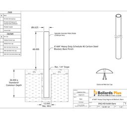 Heavy Duty Inground Bollard - 6"x84" Bare Steel, Drawing