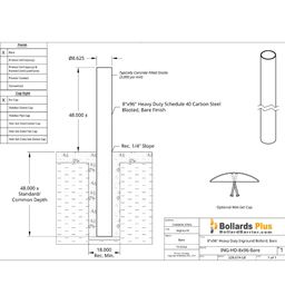 Heavy Duty Inground Bollard - 8"x96" Bare Steel, Drawing