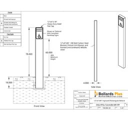 Drawing - Rectangular Inground Sign Bollard - 12"x4"x96", Metallic Silver