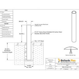 Heavy Duty Inground Bollard - 8"x72", Bare Steel Drawing